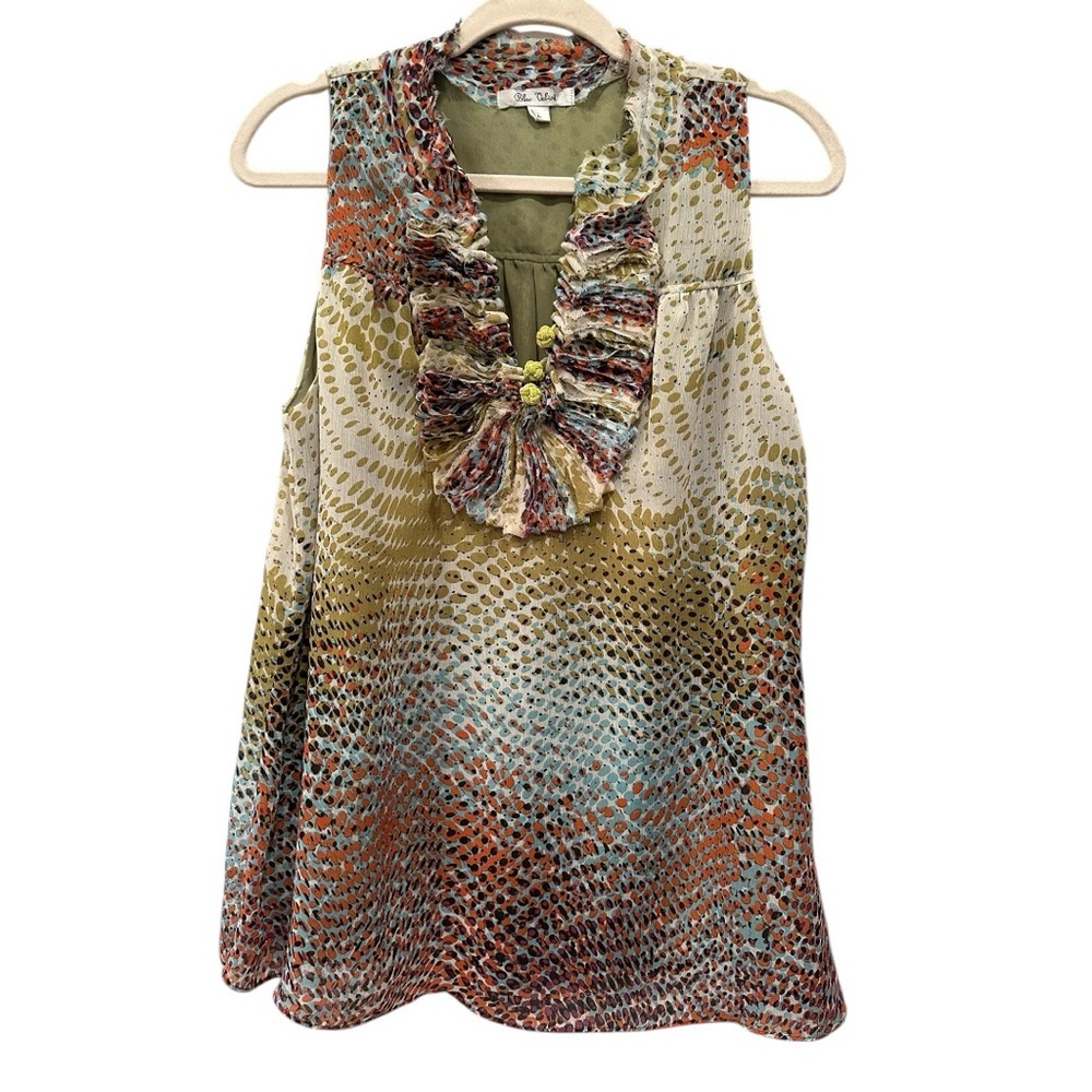 Unique Artsy Sheer Ruffle Front Blouse Frog Closure Boho Abstract Top Sz L